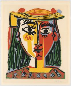 Kvinnehode. Fargelitografi signert av Picasso i Mougins den 6.4.63. Pour mon ami Nesjar