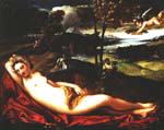 Polidoro da Lanciano (1515-1565): Sovende Venus i et landskap
