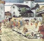 arl Zellers tegning av det gamle Oslo torg som lå midt i dagens kryss mellom Oslo-gate og Bispegata, bispeborgen i bakgrunnen (nåværende Oslo Ladegård