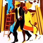 Jacob Lawrence's Builders - Family, 1975, tilhører Høyskolen i Agder