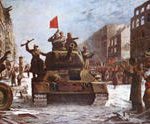 Et idealisert bilde av Den Røde Hærs inntog i Budapest i 1945. I virkeligheten var det neppe slik