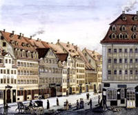 Leipzig i gamle dager, her på Bruehl-hjørnet fant de første konsertene sted