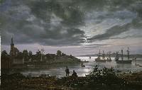 Dahl: Larvik havn i måneskinn (1839)