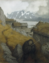 Pesta farer landet rundt, illustrasjon til Svartedauen,blyant akvarell, kull og fargestift