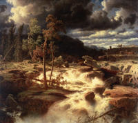 Marcus Larson: Foss i Småland, 1856. Hvis nettet er vennlig med denne gjengivelsen, legg merke til det spesielle lyset i fossen!