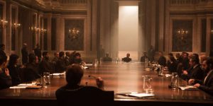 Oberhauser (Christoph Waltz) chairs a meeting in Metro-Goldwyn-Mayer Pictures/Columbia Pictures/EON Productions’ action adventure SPECTRE.