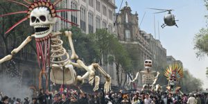 Bond chases Sciarra through the Day of the Dead parade in Mexico City. Scairraâ€™s helicopter swoops in to collect him in Metro-Goldwyn-Mayer Pictures/Columbia Pictures/EON Productionsâ€™ action adventure SPECTRE.