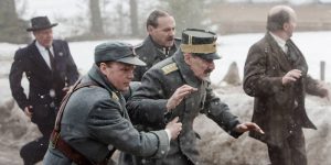 Dramatisk ved Elverum: angrep av tyske fly. Stilisering av originalt foto fra 1940.